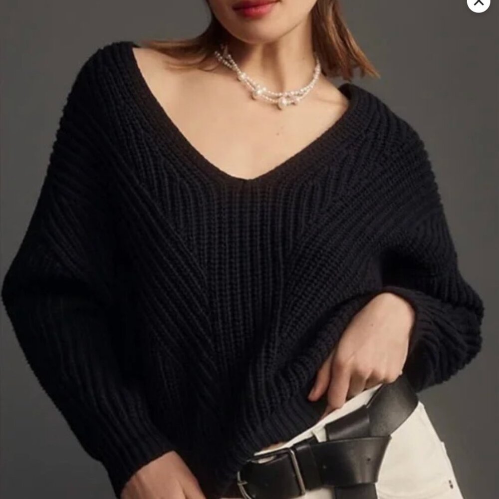 Anthropologie Maeve Black V-Neck Sweater, Size Large